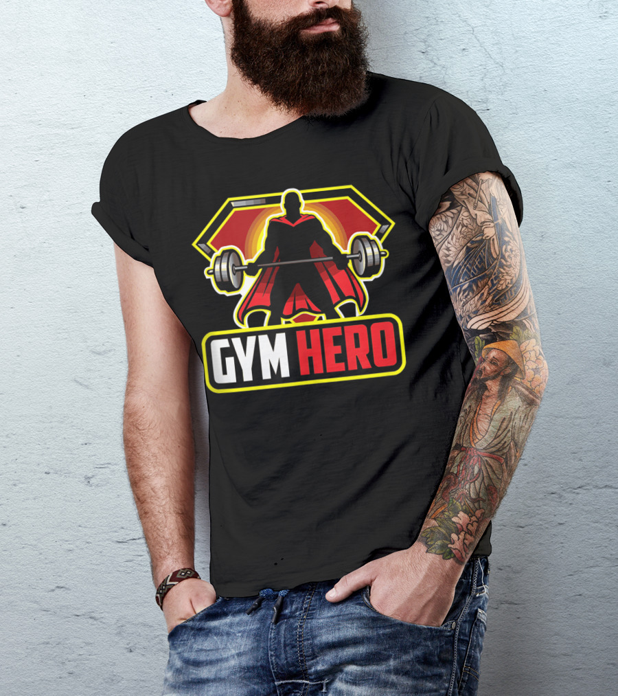GYM HERO Super Strength Silhouette With Cape And Barbell T-Shirt