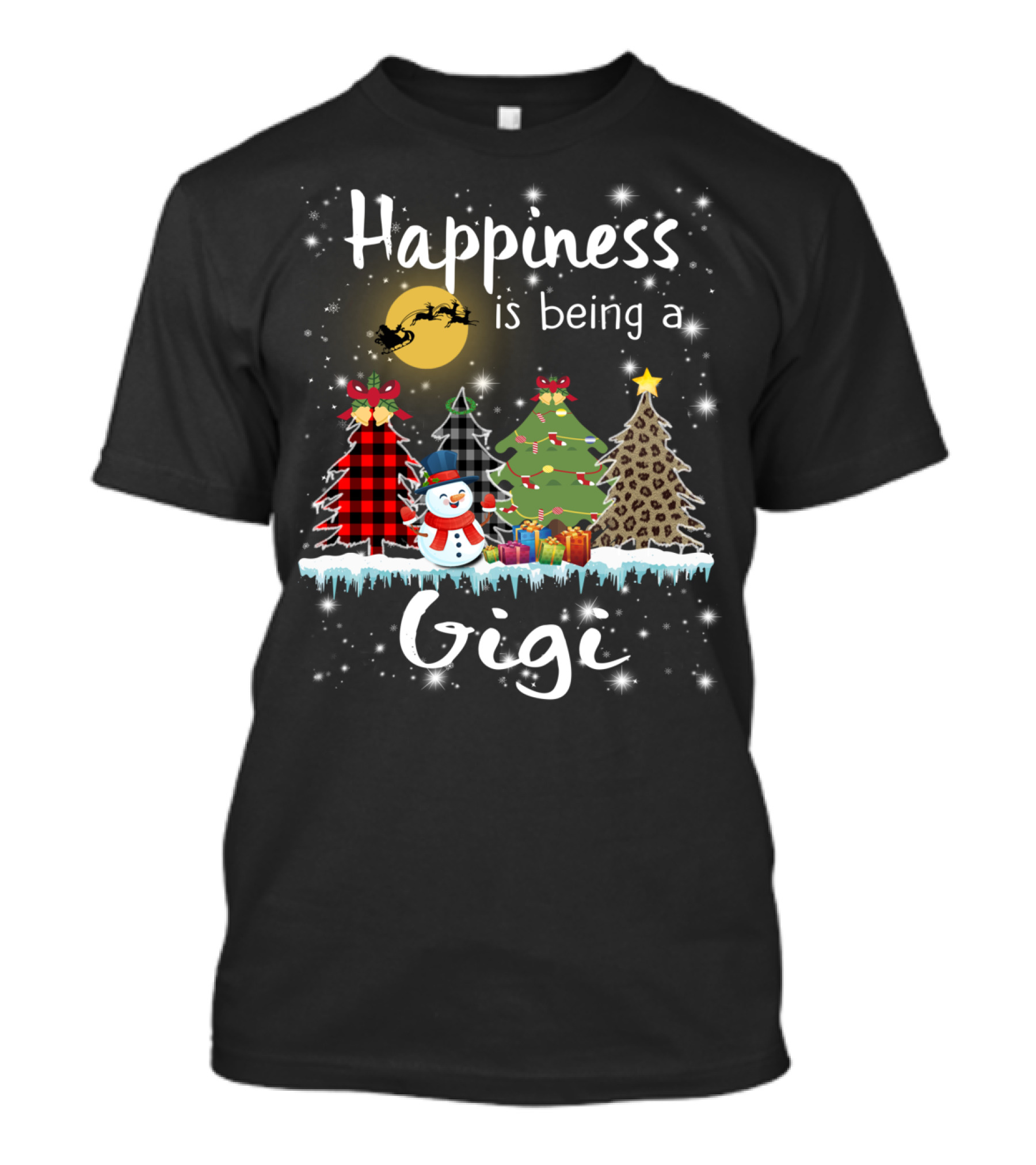 Happiness Is Being A Gigi Christmas Tree Snowman Presents Santa Sleigh Moon T-Shirt
