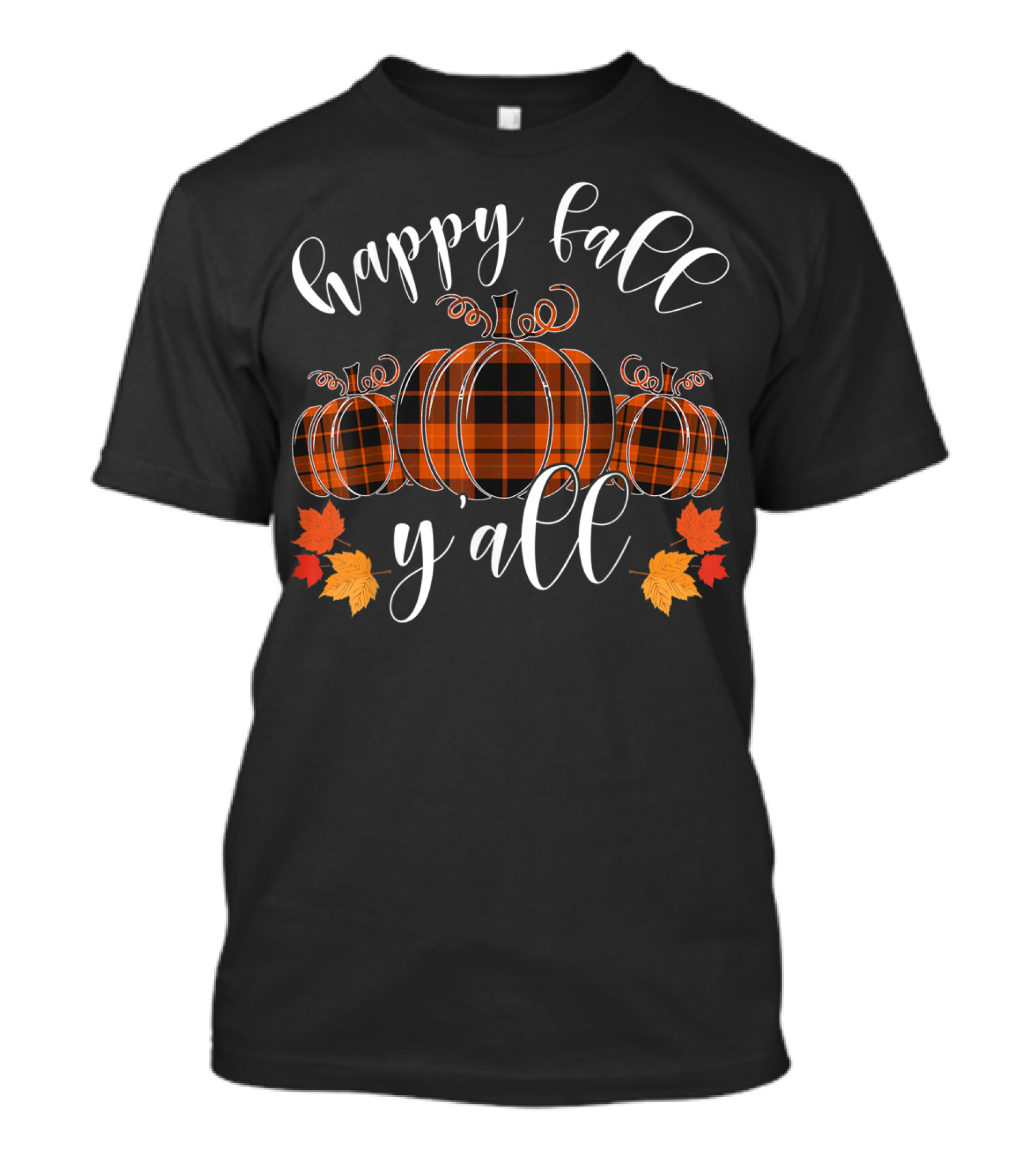 Happy Fall Y'all Pumpkin Orange Plaid With Autumn Leaves T-Shirt