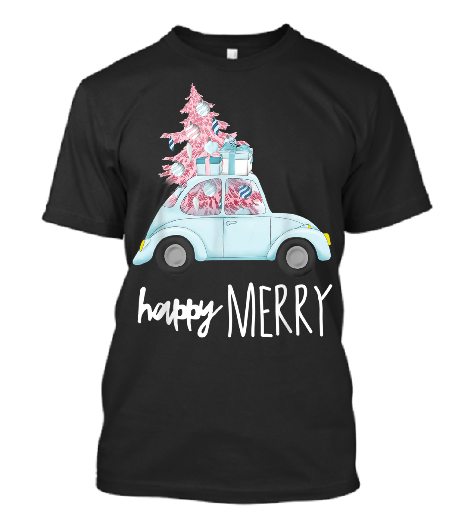 Happy Merry Pink Christmas Vintage Car Holiday T-Shirt