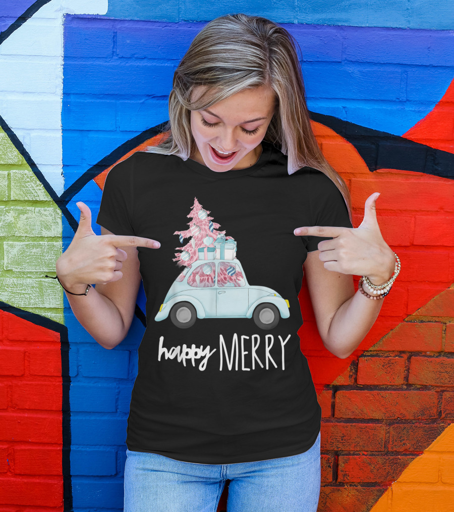 Happy Merry Pink Christmas Vintage Car Holiday T-Shirt