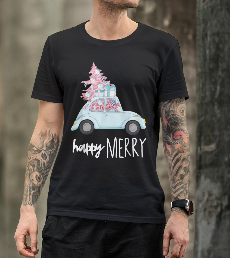 Happy Merry Pink Christmas Vintage Car Holiday T-Shirt