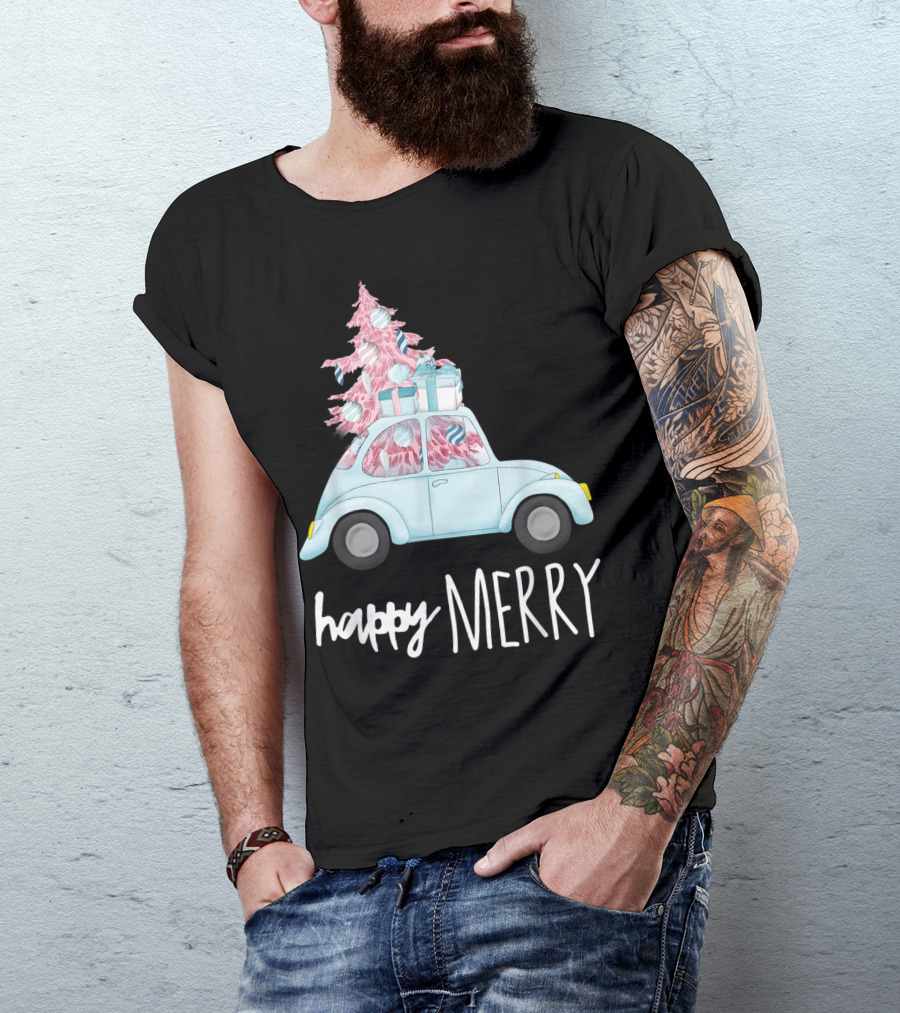 Happy Merry Pink Christmas Vintage Car Holiday T-Shirt