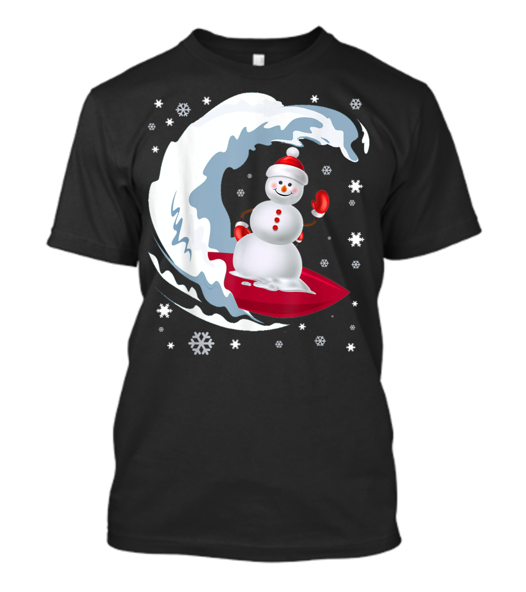 Happy Surfer Snowman Riding Festive Winter Waves Snowflakes T-Shirt