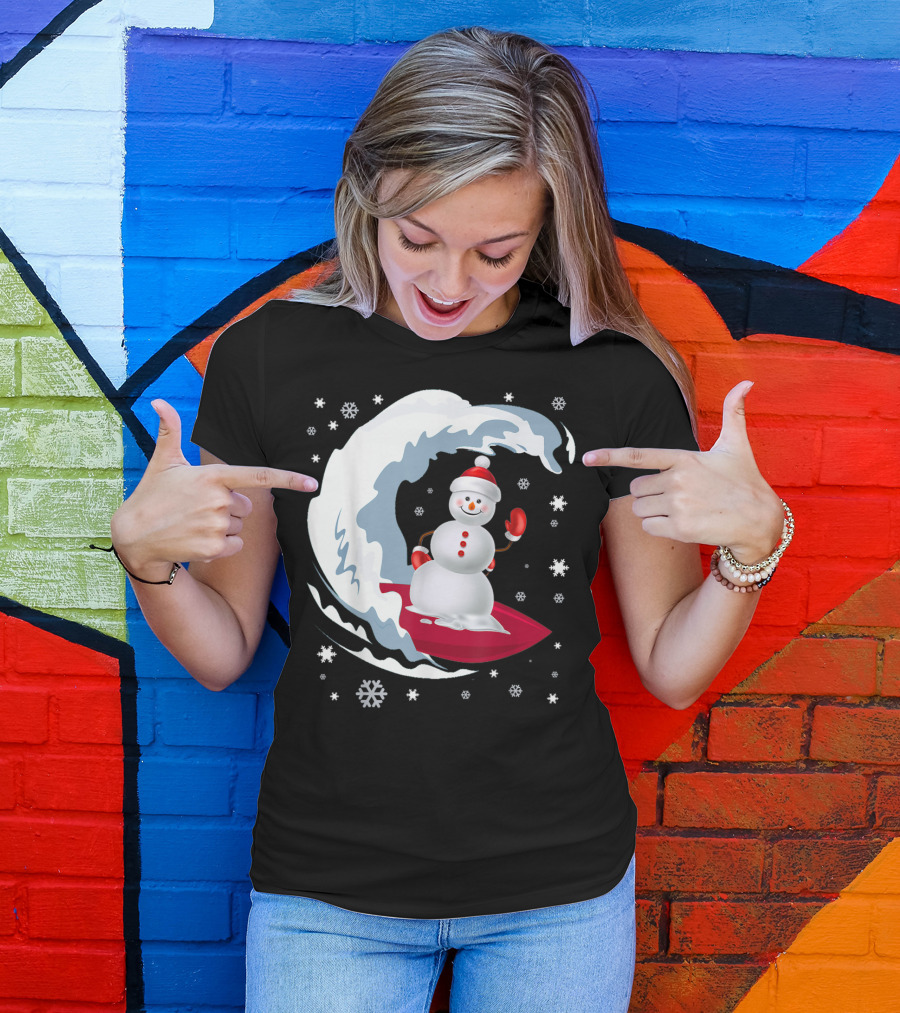 Happy Surfer Snowman Riding Festive Winter Waves Snowflakes T-Shirt