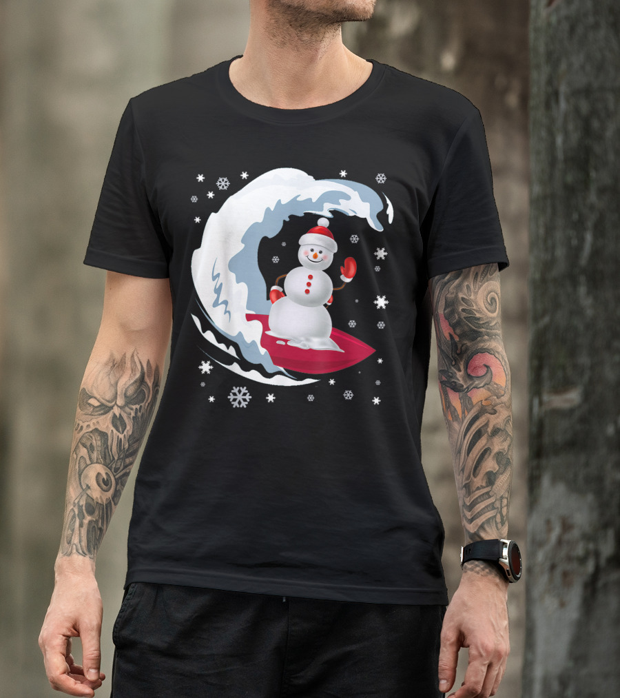 Happy Surfer Snowman Riding Festive Winter Waves Snowflakes T-Shirt