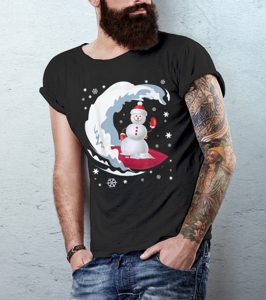 Happy Surfer Snowman Riding Festive Winter Waves Snowflakes T-Shirt