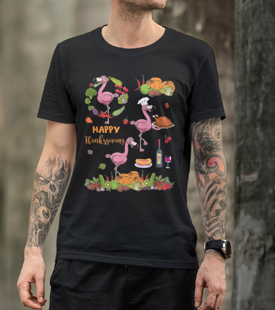 Thanksgiving Flamingo Lunch Lady With Turkey And Vegetables T-Shirt