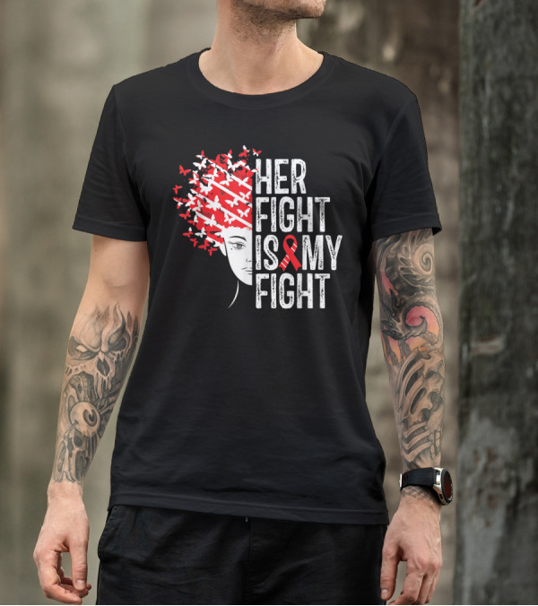 Her Fight Is My Fight Red Ribbon Butterflies Pinstripes T-Shirt