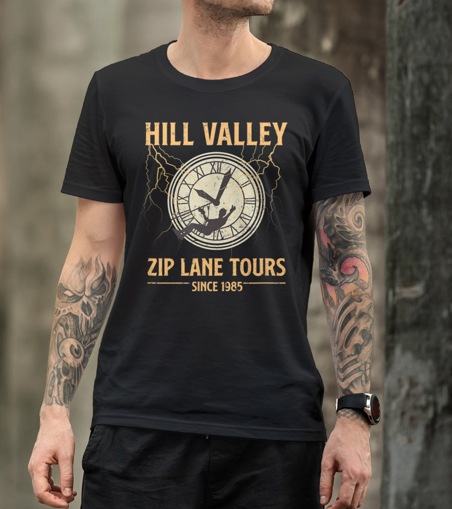 Hill Valley Zip Line Tours Since 1985 Clock And Lightning Back To The Future T-Shirt