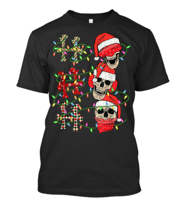 Ho Ho Ho Candy Cane Skulls With Santa Hats And Christmas Lights T-Shirt
