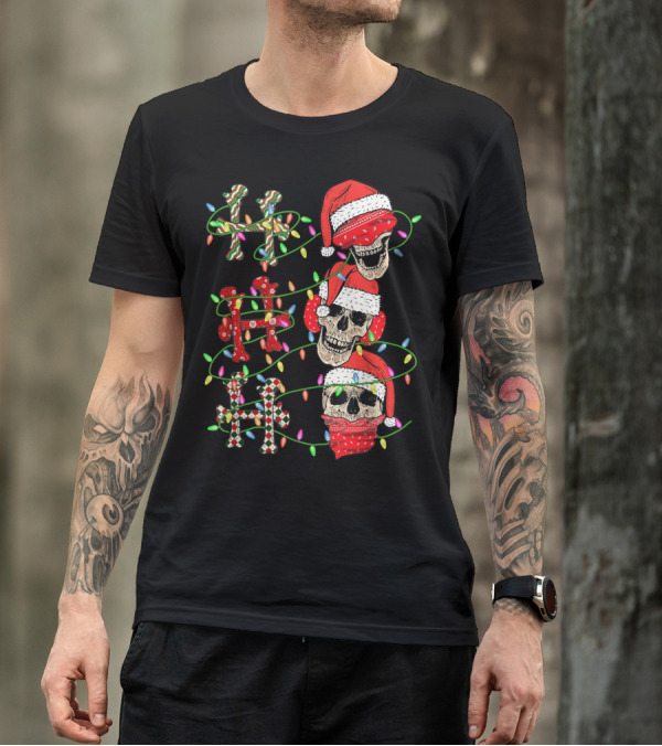 Ho Ho Ho Candy Cane Skulls With Santa Hats And Christmas Lights T-Shirt