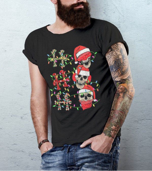 Ho Ho Ho Candy Cane Skulls With Santa Hats And Christmas Lights T-Shirt