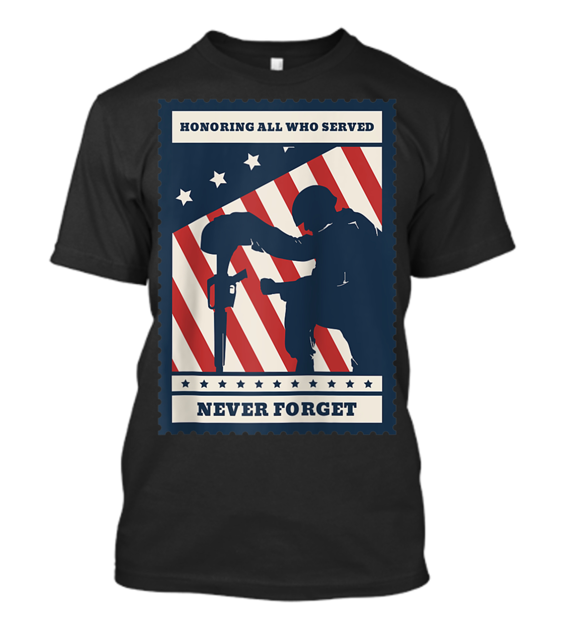 Honoring All Who Served Never Forget Veteran Soldier Kneeling With Red White And Blue Flag T-Shirt