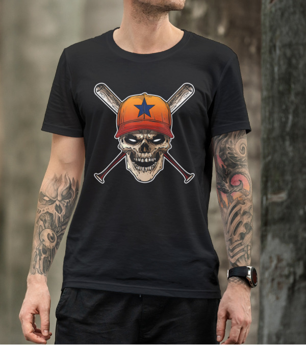 Vintage Houston Baseball Htown Skull With Hat And Crossed Bats T-Shirt