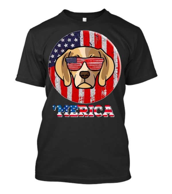 I Love America 'Merica Dog With American Flag Sunglasses And Stars And Stripes Background T-Shirt