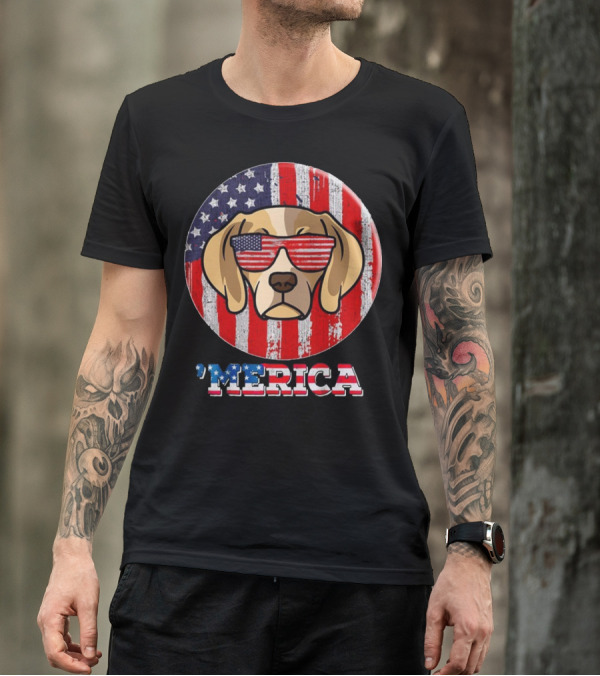 I Love America 'Merica Dog With American Flag Sunglasses And Stars And Stripes Background T-Shirt