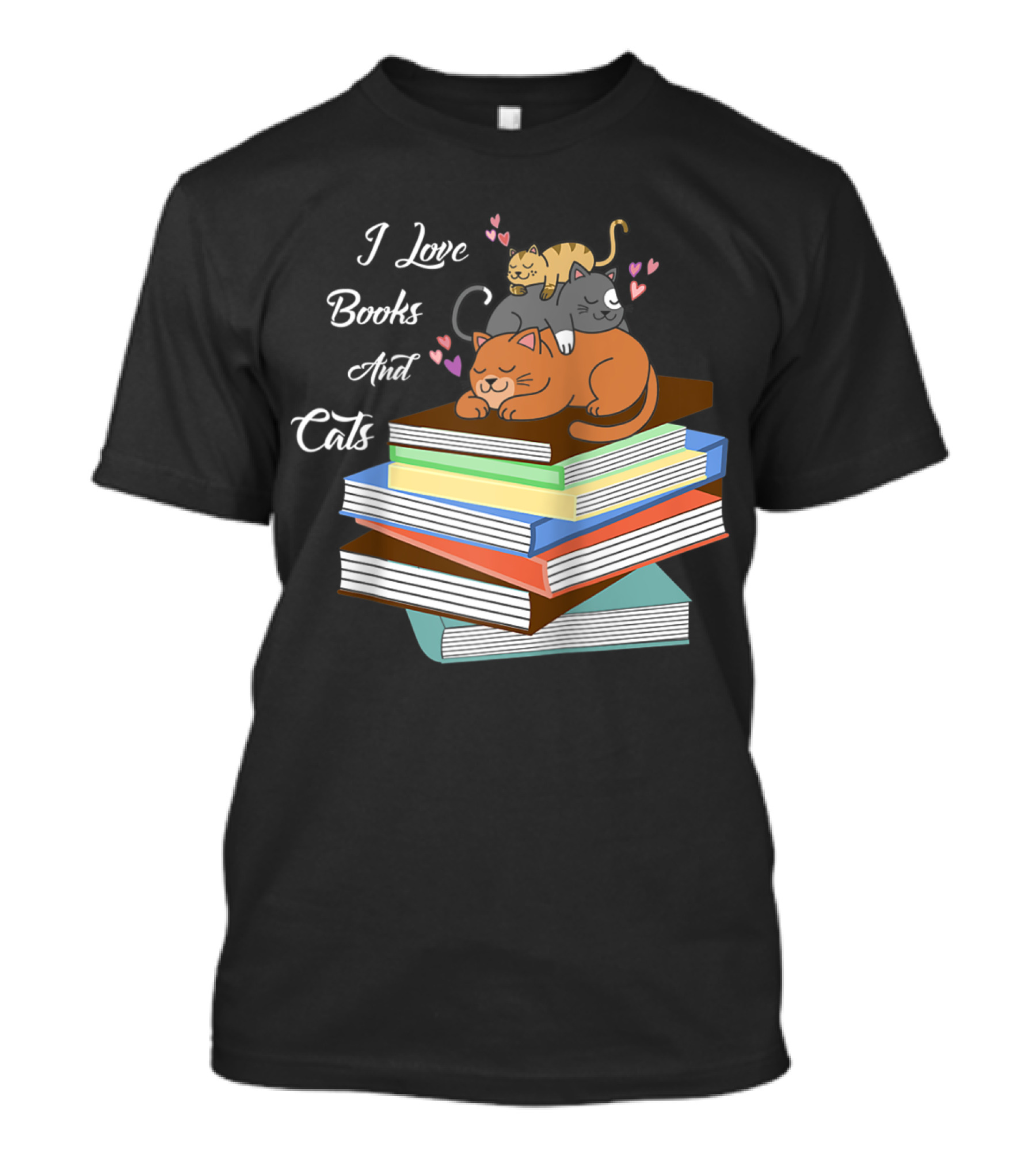 I Love Books And Cats With Playful Kittens On A Stack Of Colorful Books T-Shirt