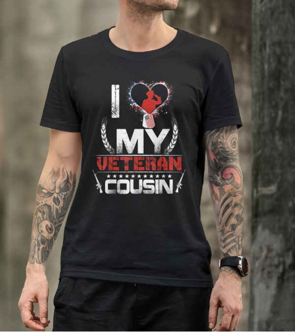 I Love My Veteran Cousin American Flag Heart Stars Vintage Veteran's Day T-Shirt