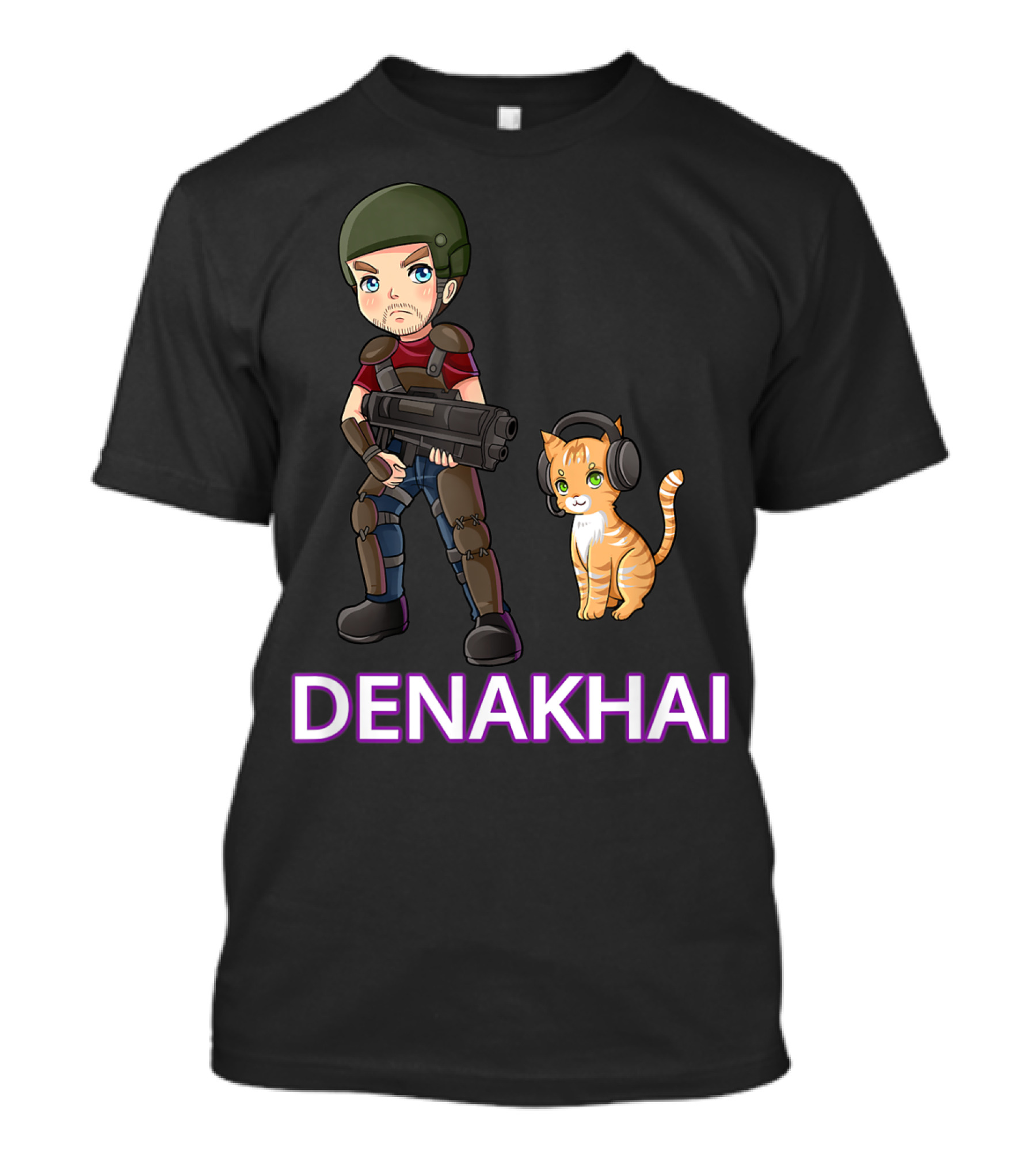 DENAKHAI Soldier In Armor With Gaming Cat Companion T-Shirt