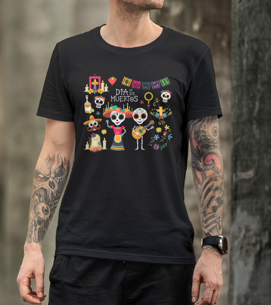 Dia De Los Muertos Skeletons Celebrating With Music And Flowers T-Shirt