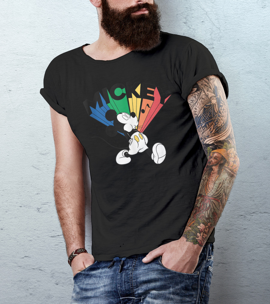 Whistling Mickey Mouse Rainbow Stripes Disney T-Shirt