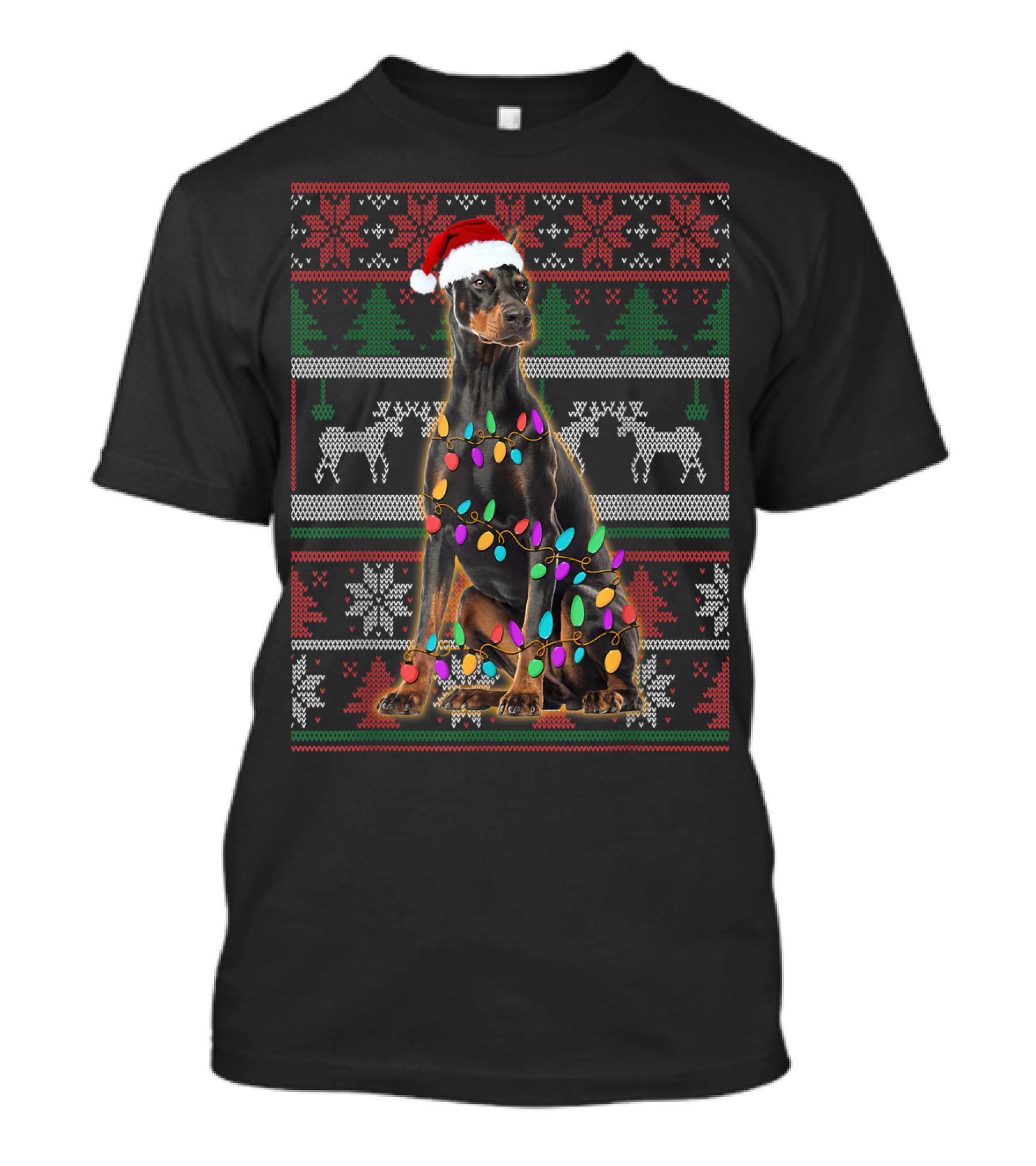 Doberman Christmas Ugly Sweater Style With Santa Hat And Lights T-Shirt