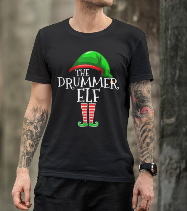 The Drummer Elf Holiday Festive Wear Striped Legs And Green Hat T-Shirt