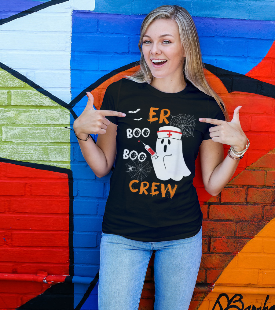 ER Nurse Boo Boo Crew Ghost With Syringe And Spiderwebs T-Shirt