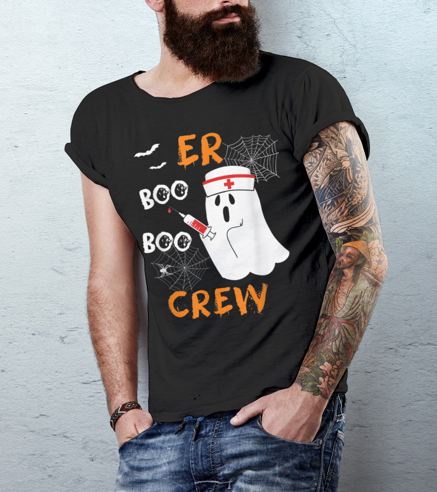ER Nurse Boo Boo Crew Ghost With Syringe And Spiderwebs T-Shirt