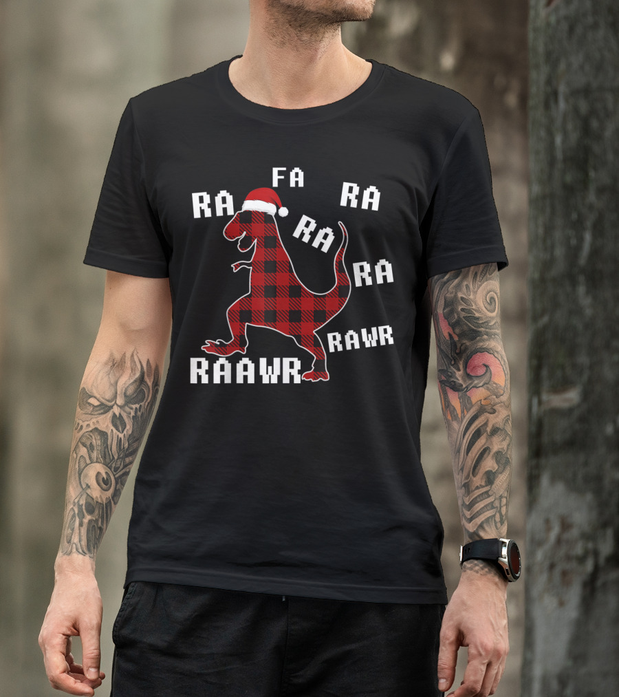 Fa Ra Ra Ra Rawr Christmas T-Rex Santa Hat Plaid T-Shirt