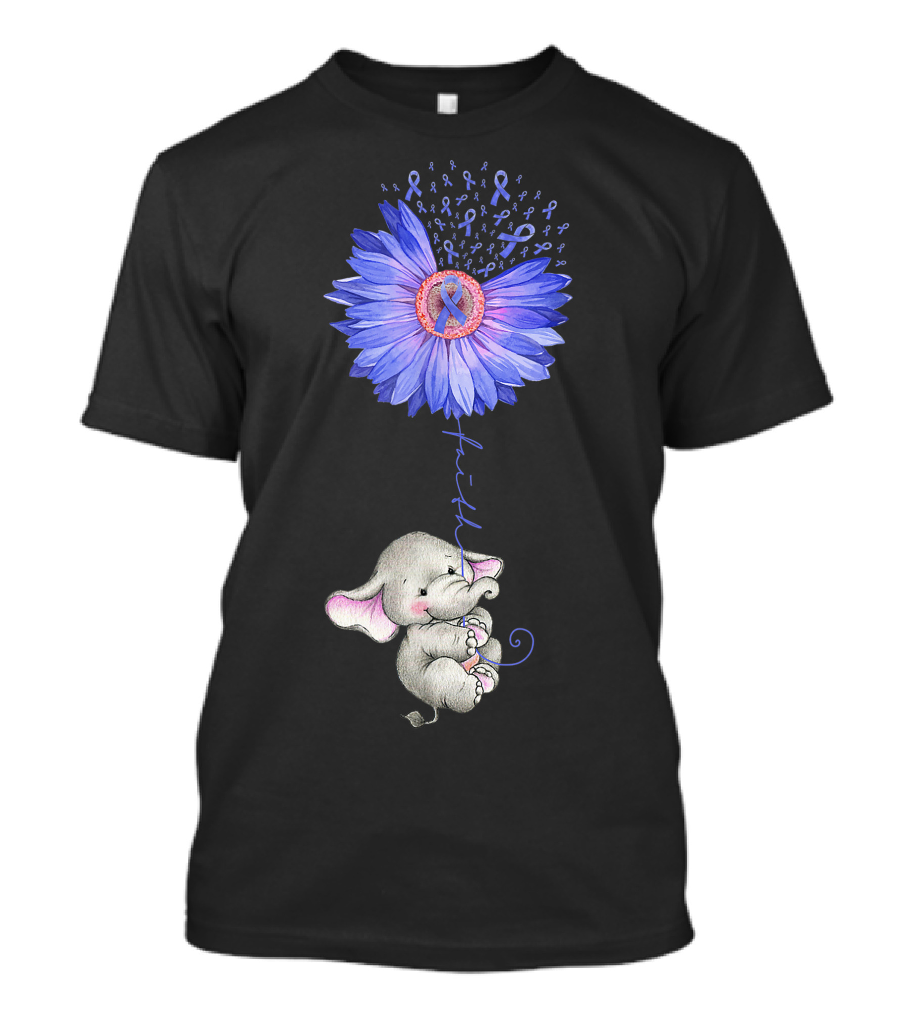 Faith Hope Purple Ribbon Elephant Holding Blue Sunflower T-Shirt