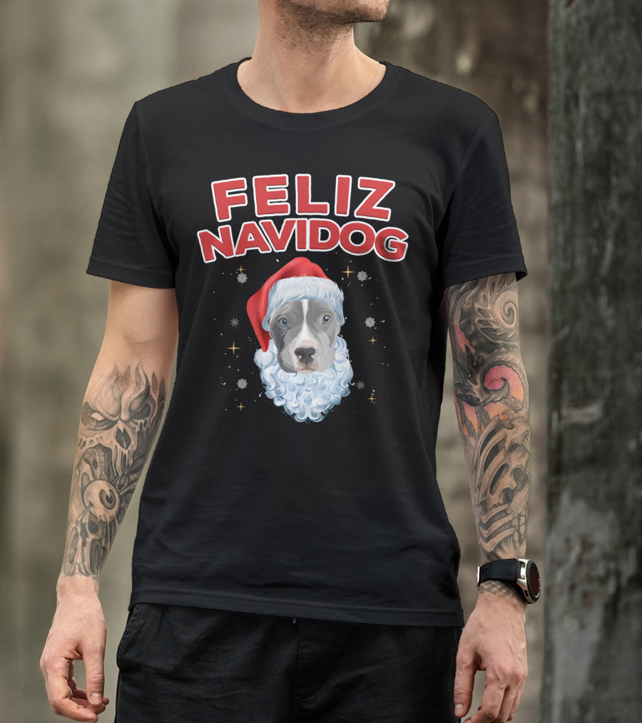 Feliz Navidog Christmas Pitbull With Santa Hat And Beard T-Shirt