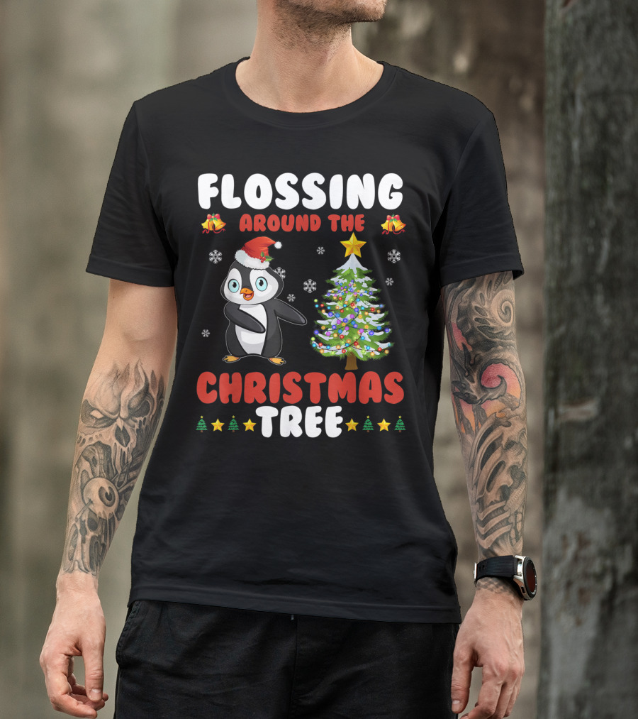 Flossing Around The Christmas Tree Penguin Santa Hat Bells Snowflakes T-Shirt