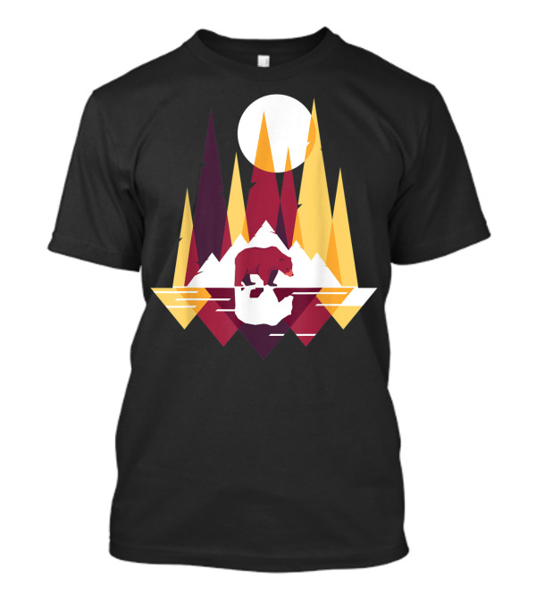 Fractal Geometric Bear Colorful Mountain Reflection With Full Moon T-Shirt