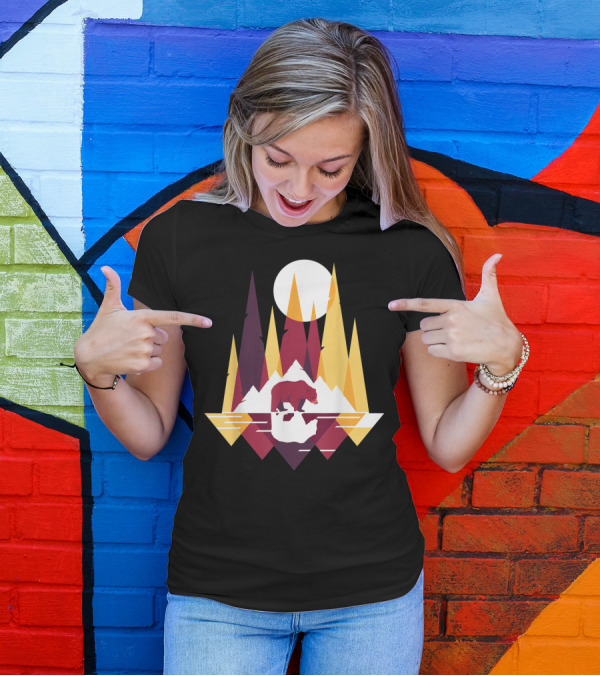 Fractal Geometric Bear Colorful Mountain Reflection With Full Moon T-Shirt
