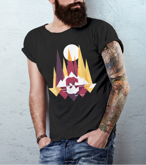 Fractal Geometric Bear Colorful Mountain Reflection With Full Moon T-Shirt