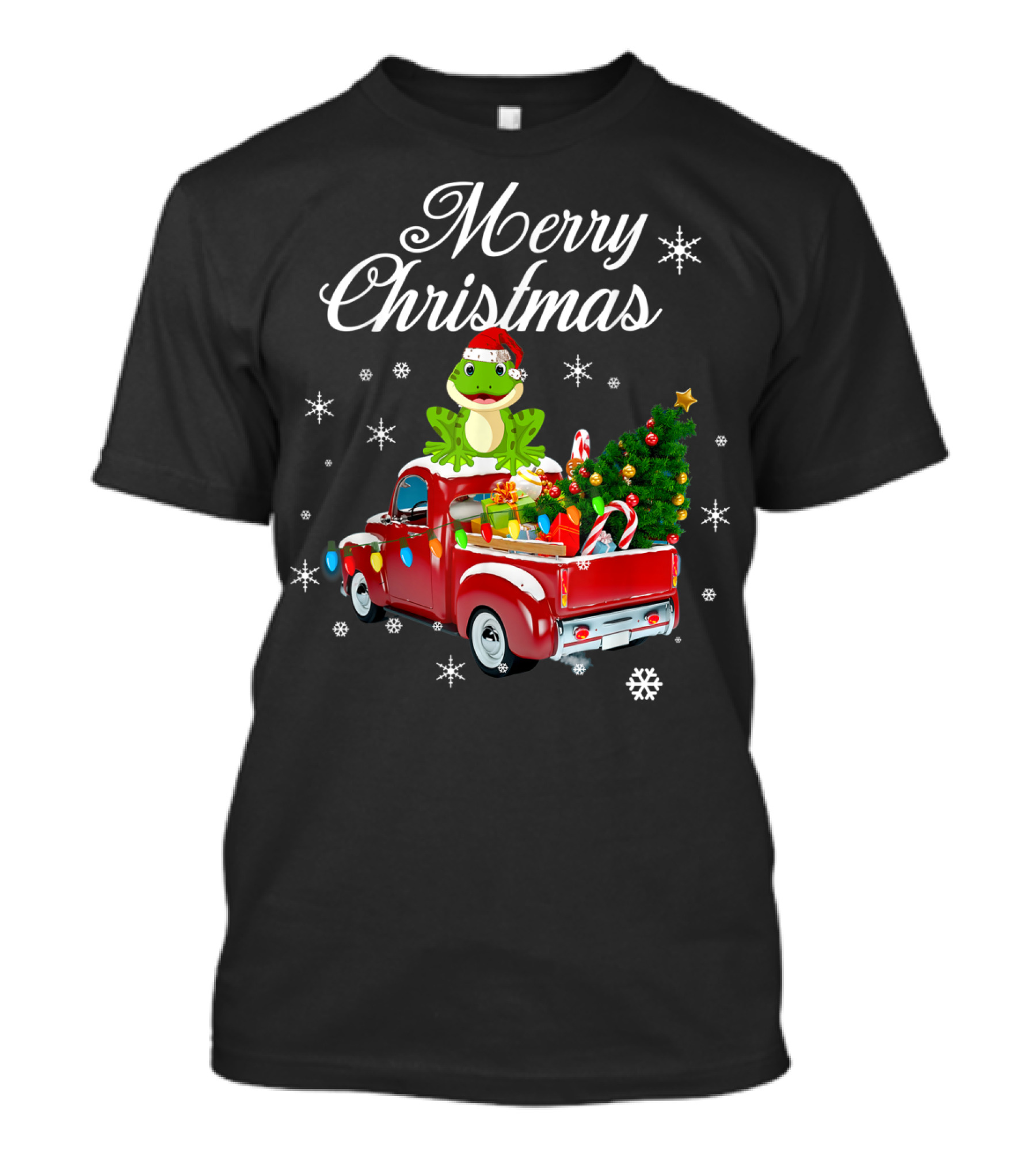 Merry Christmas Frog With Gifts In Red Truck With Tree And Snowflakes T-Shirt