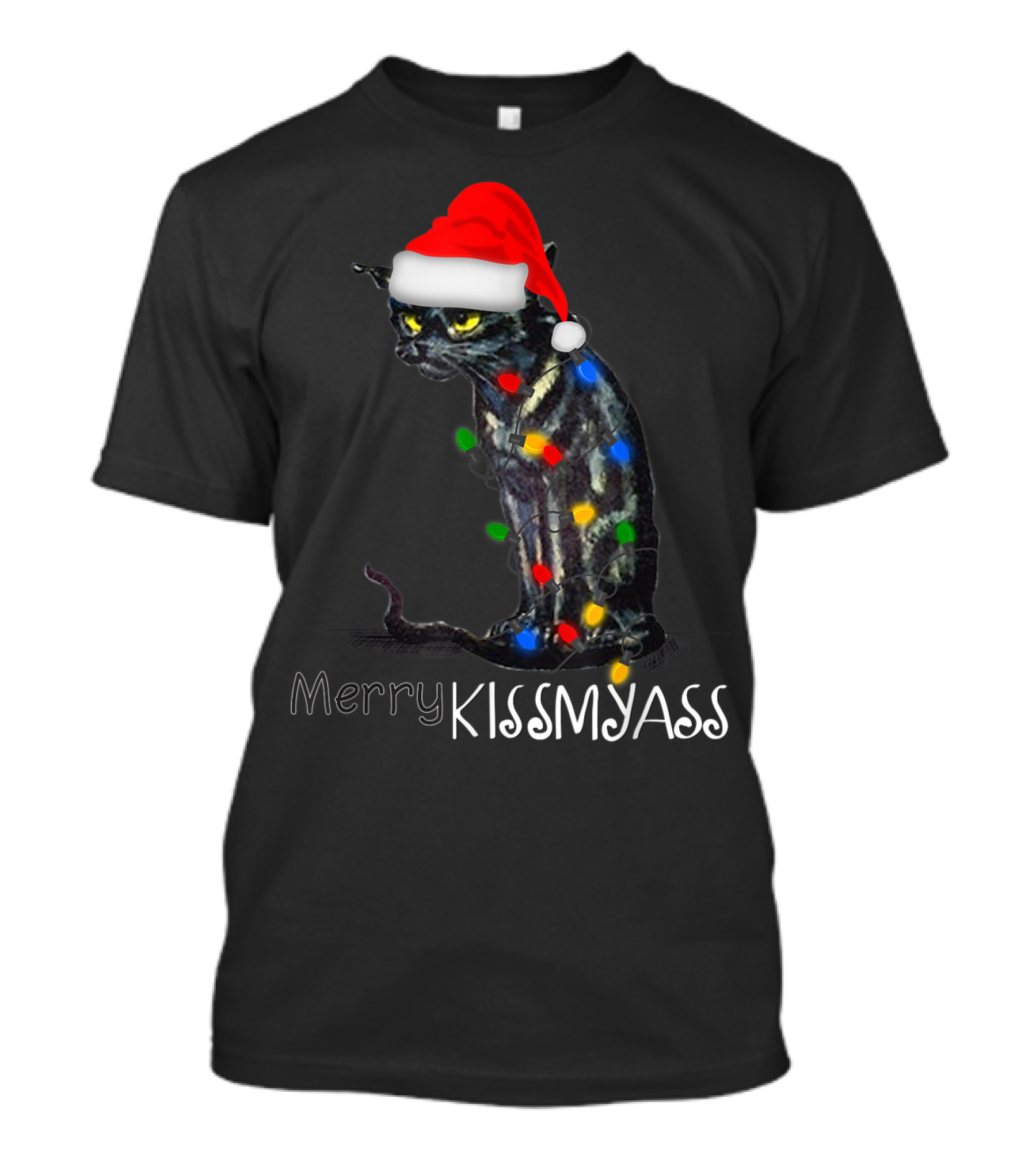 Merry Kissmyass Fantasy Black Cat With Santa Hat And Christmas Lights T-Shirt