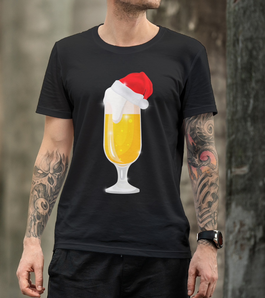 Santa Hat Beer Glass Funny Cool Christmas Drink T-Shirt