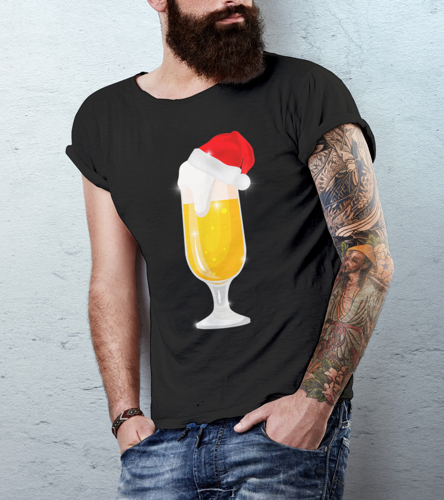 Santa Hat Beer Glass Funny Cool Christmas Drink T-Shirt