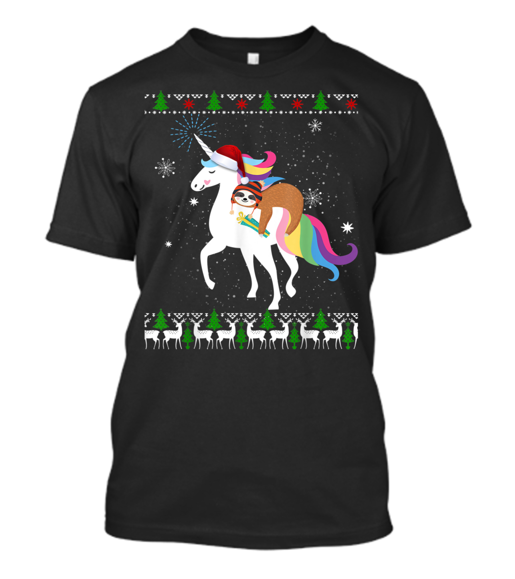 Funny Christmas Unicorn Santa Hat Sloth Riding Rainbow Mane T-Shirt