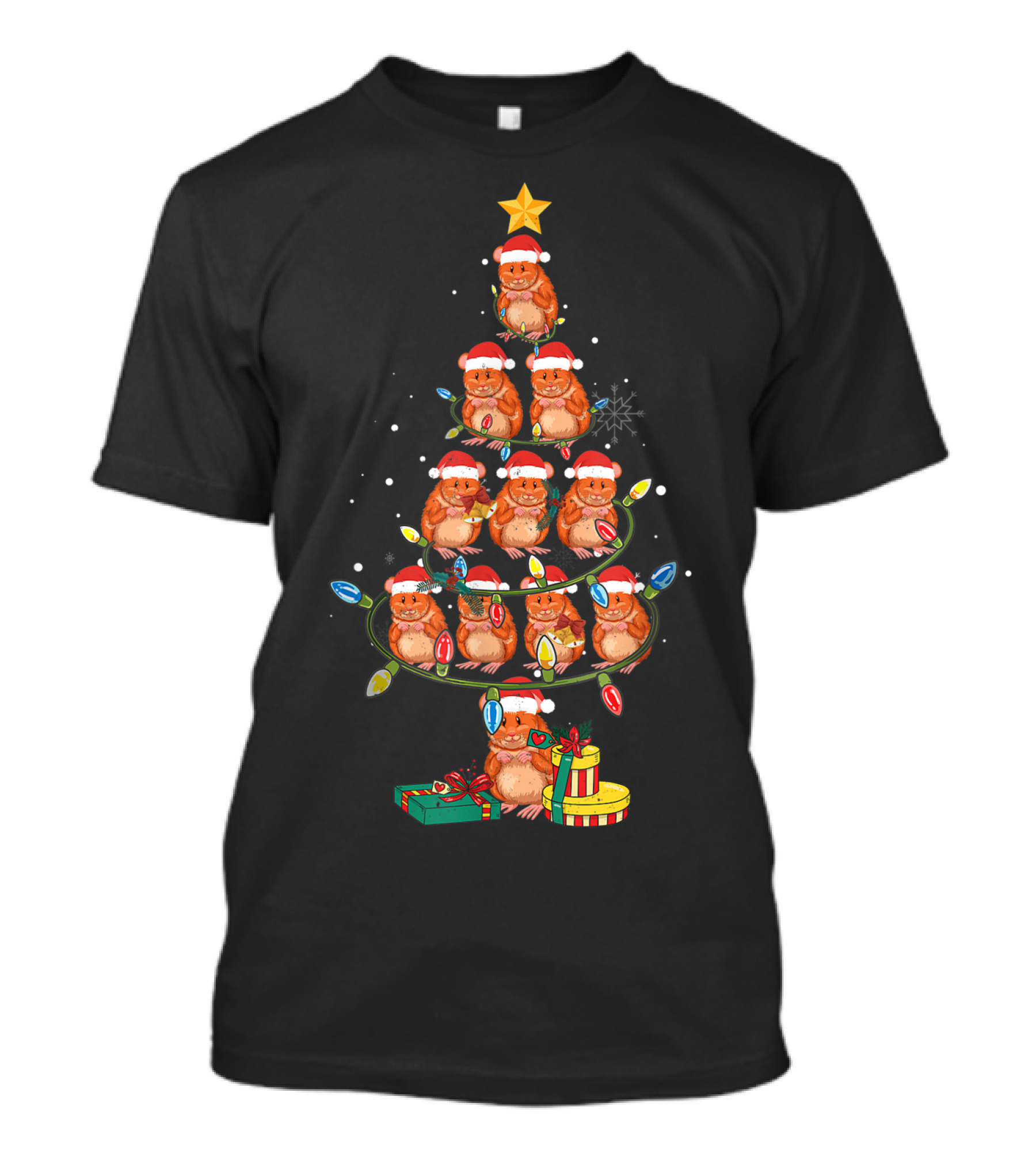 Funny Hamster Christmas Tree With Lights And Santa Hats T-Shirt