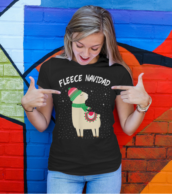 Fleece Navidad Feliz Navidad Llama In Christmas Hat And Scarf With Snowflakes T-Shirt