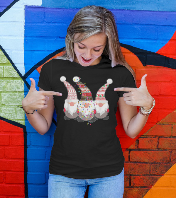 Nordic Gnomes With Festive Patterned Hats And Christmas Lights T-Shirt