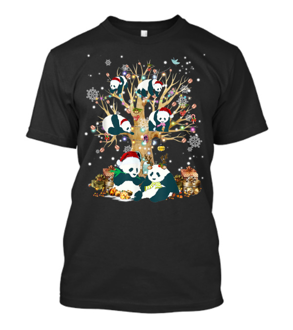 Pandas With Santa Hats And Christmas Tree Ornaments Holiday Scene T-Shirt