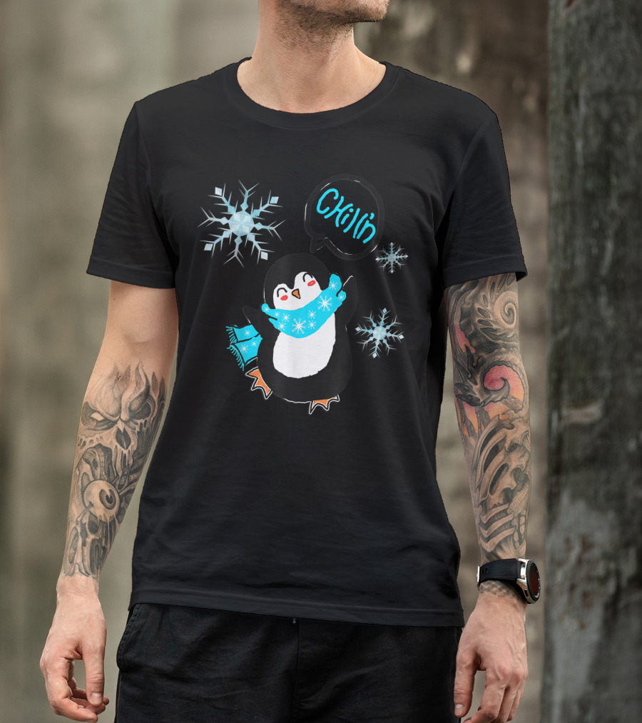 Funny Penguin Dancing Snowflakes Chilln Playful Winter Scene T-Shirt