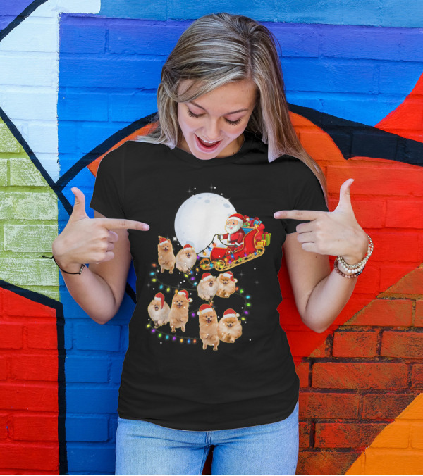 Santa's Pomeranian Reindeer With Sleigh And Christmas Lights T-Shirt