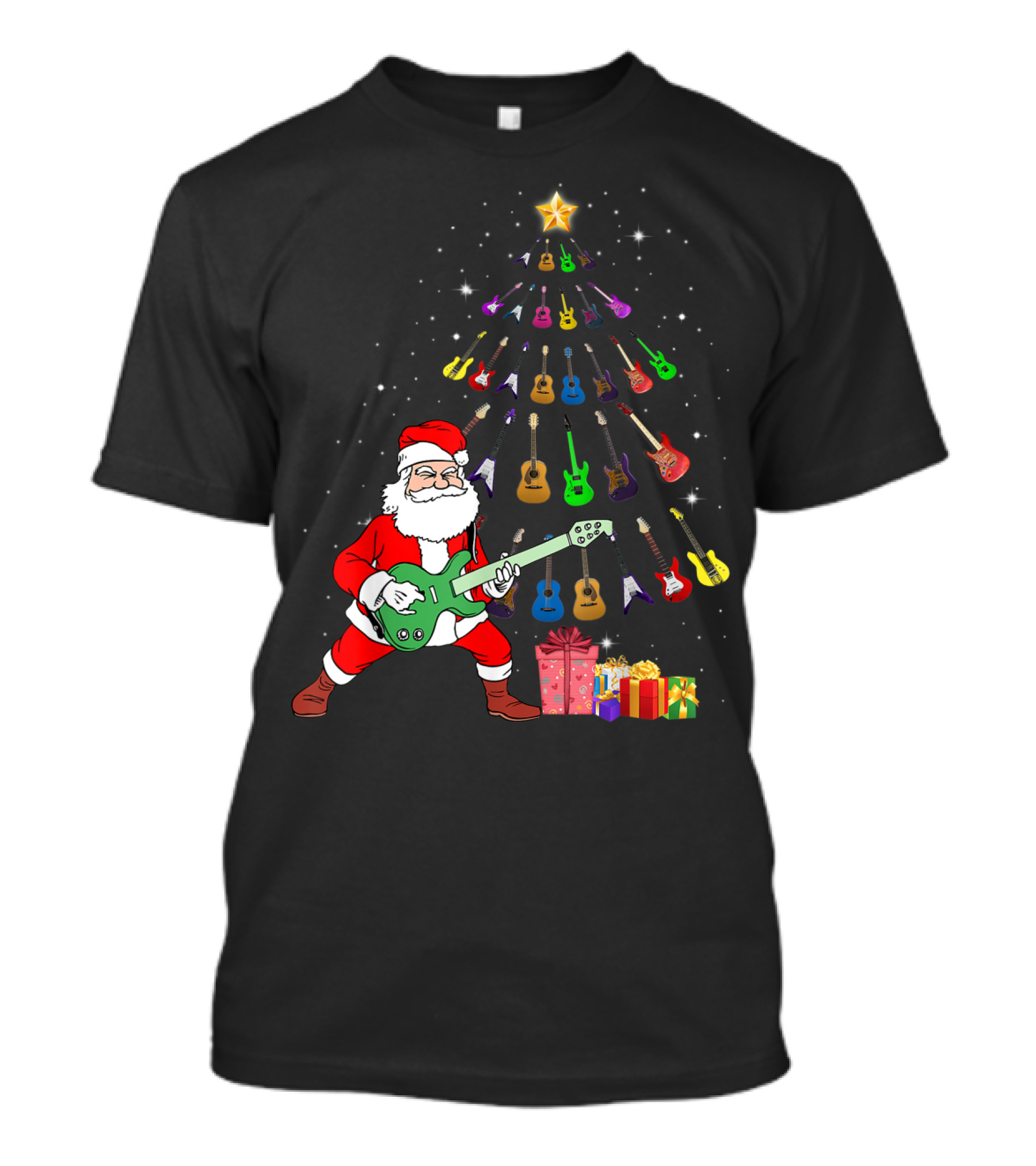 Santa Rocking With Guitar Christmas Tree And Presents T-Shirt