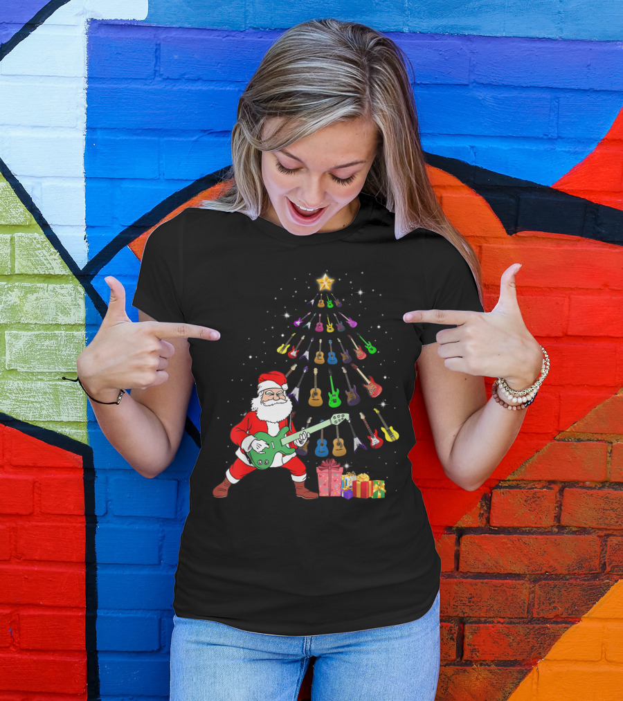 Santa Rocking With Guitar Christmas Tree And Presents T-Shirt